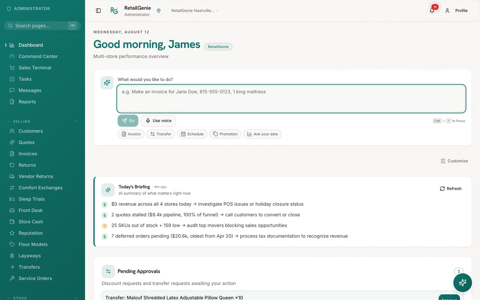The morning read: An AI briefing of what actually needs attention today, and one box that takes a plain sentence: type or say the sale and it opens the right form already filled in.